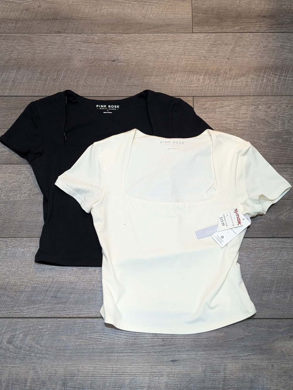 T.J.Maxx Pink Rose 2 Shirt Bundle - Square Neck Short Sleeve Top - Black & White
